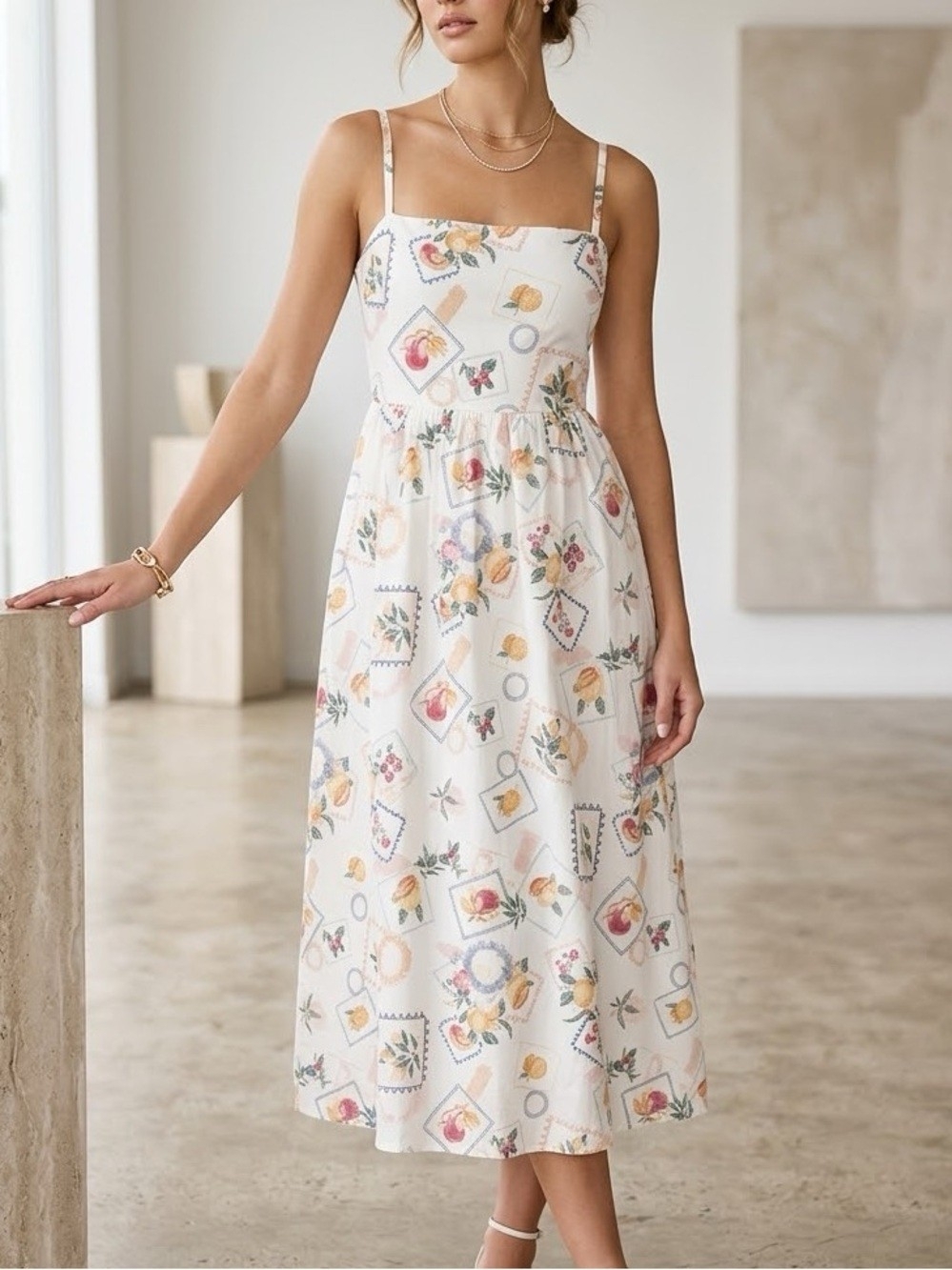 ARULA Cream Floral Print Midi Dress with Pastel Accents